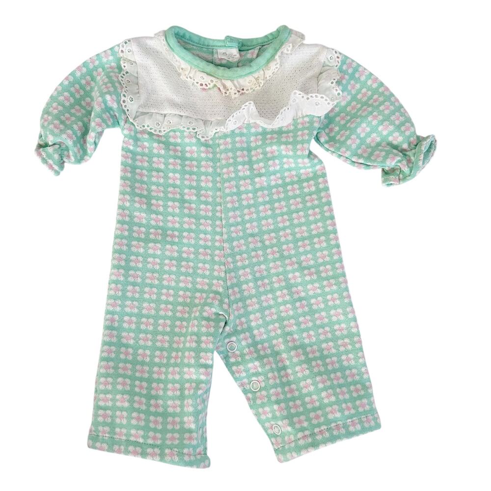 Vintage Healthtex Green Pink Floral One Piece Outfit Sz 3M